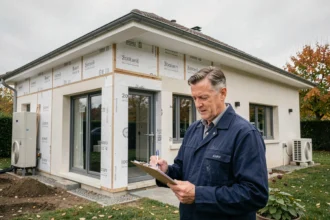Entrepreneur en rénovation énergétique devant une maison rénovée dans le Loiret