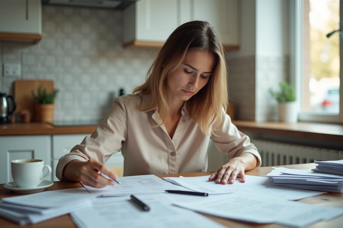 Femme organisant des documents administratifs pour reprendre un contrat EDF après un changement de propriétaire