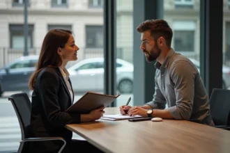 Femme en blazer discutant avec un homme dans une agence immobiliere