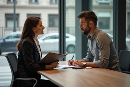 Femme en blazer discutant avec un homme dans une agence immobiliere