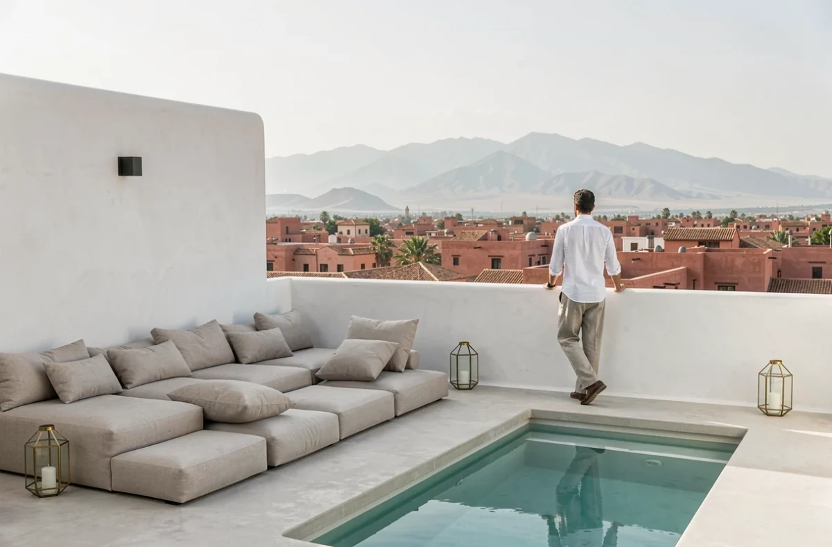 Terrasse contemporaine d'un riad à Marrakech avec vue sur les toits de la médina, piscine et design minimaliste marocain moderne