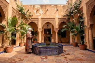 Cour intérieure d'un riad traditionnel marocain à Marrakech avec zellige, fontaine centrale et femme en kaftan examinant l'architecture historique
