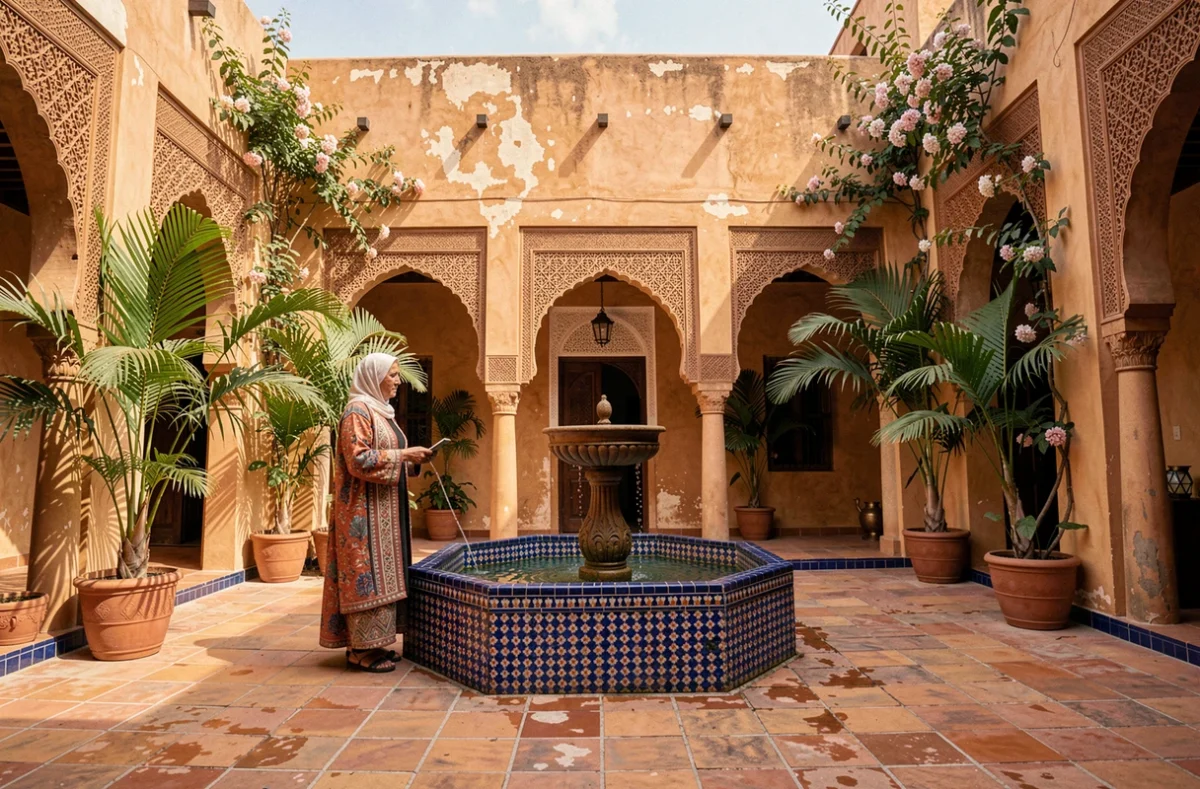 Cour intérieure d'un riad traditionnel marocain à Marrakech avec zellige, fontaine centrale et femme en kaftan examinant l'architecture historique