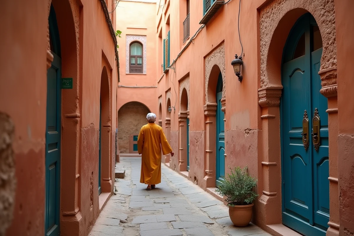 Ruelle pittoresque de la médina de Marrakech avec portes en bois et murs en pisé ocre, idéale pour un achat immobilier traditionnel