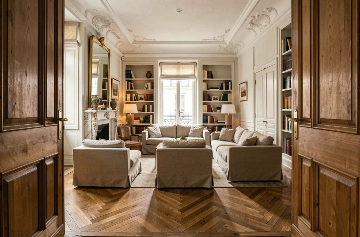Salon d'un appartement haussmannien parisien avec moulures en plâtre, parquet point de Hongrie et cheminée en marbre