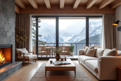 Salon chaleureux d'un appartement en location aux Menuires avec vue panoramique sur les montagnes enneigées