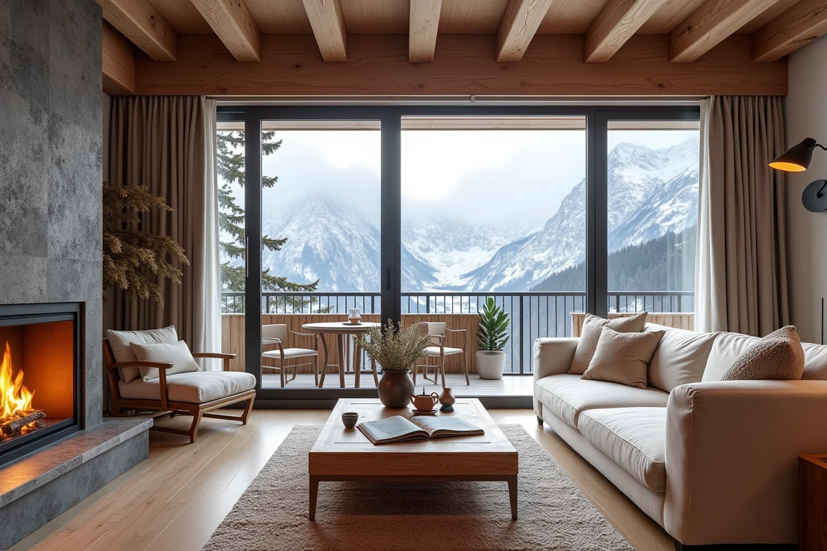 Salon chaleureux d'un appartement en location aux Menuires avec vue panoramique sur les montagnes enneigées