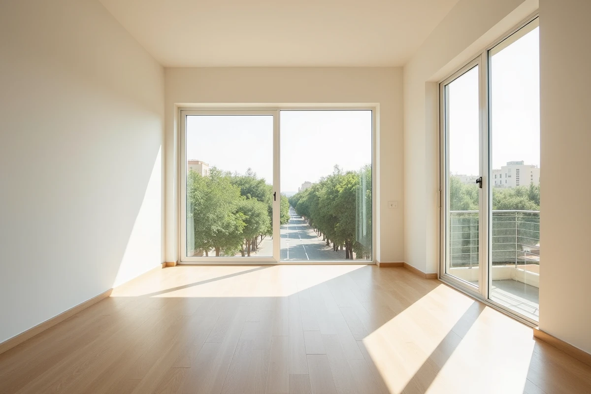 Salon spacieux d'un appartement neuf à vendre à Guéliz, Marrakech, avec vue sur le boulevard