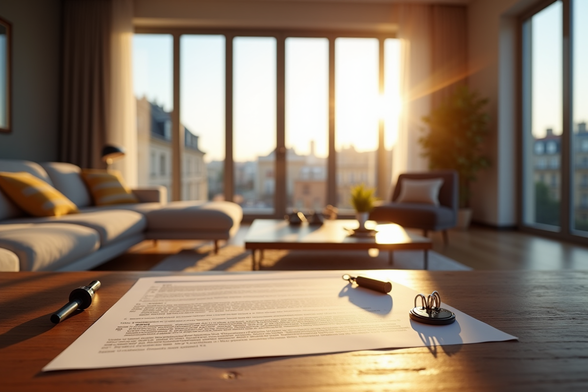 Salon moderne avec vue sur la ville et contrat de location