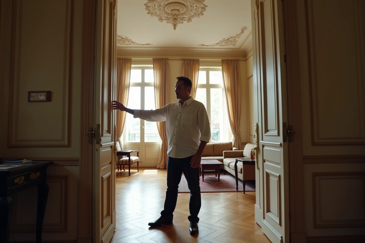 Scout de location cinématographique évaluant un appartement haussmannien pour un tournage professionnel