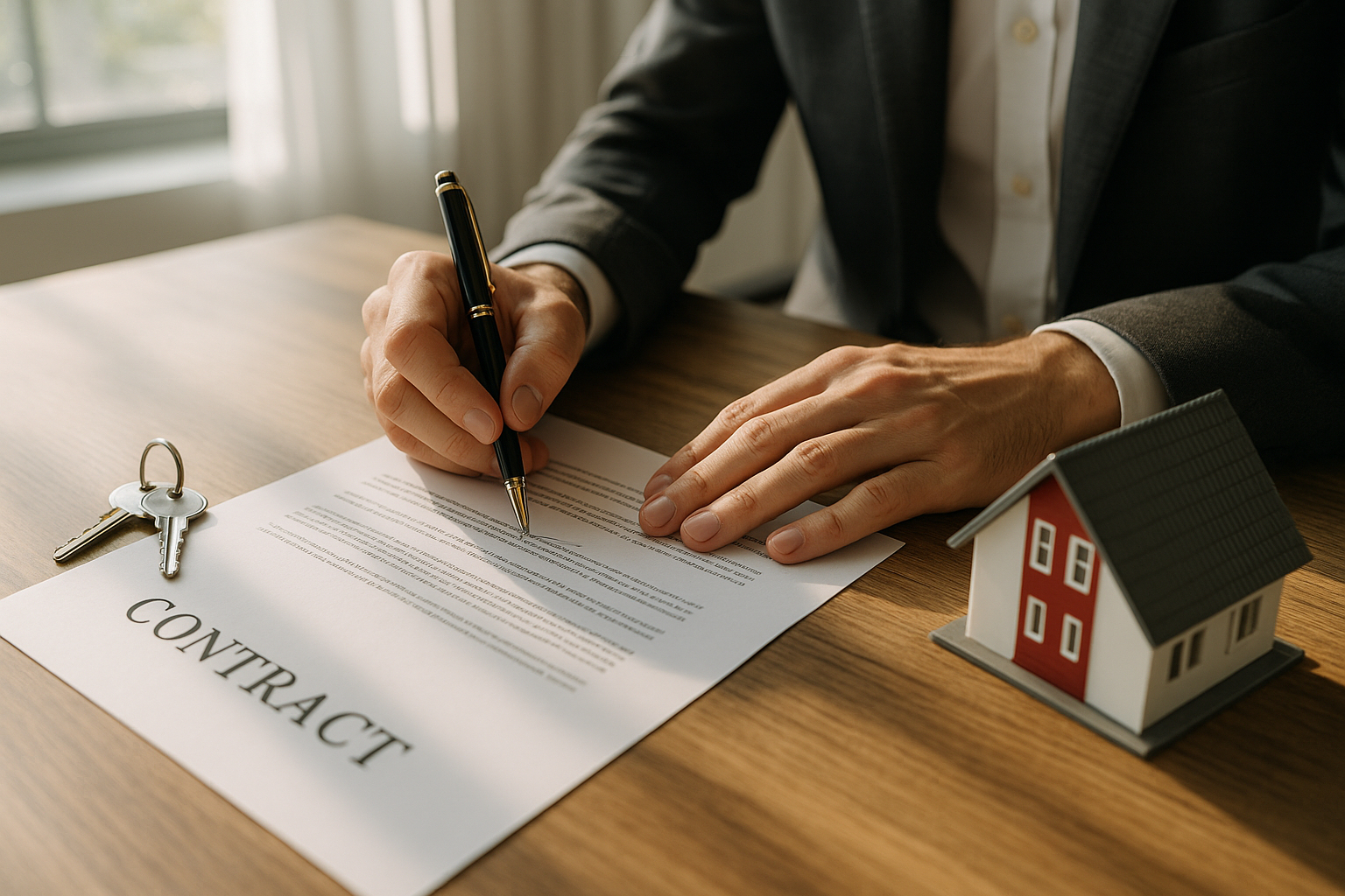 Mains signant un contrat immobilier avec clés et maison miniature