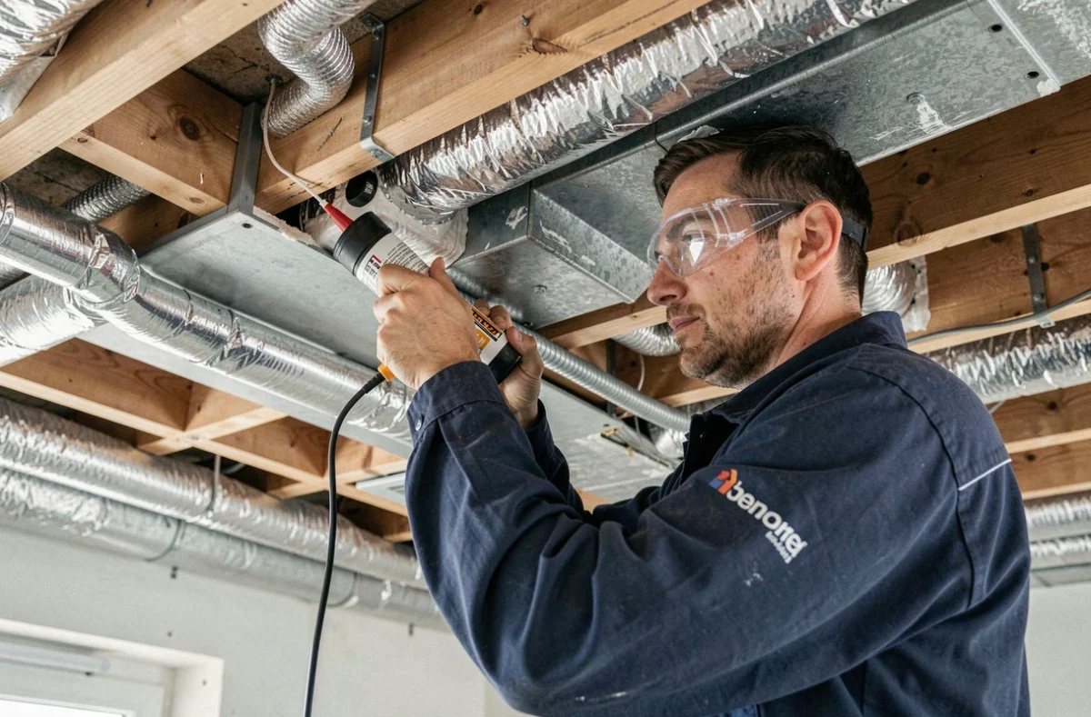 Spécialiste VMC appliquant un joint d'étanchéité à l'air dans une maison du Loiret