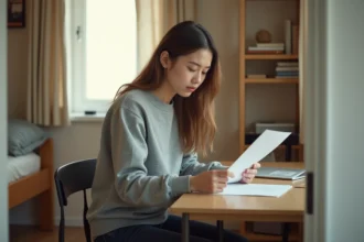 Jeune femme dans un studio de 9m2 consultant des documents d'APL sur un bureau en bois