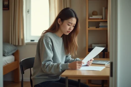 Jeune femme dans un studio de 9m2 consultant des documents d'APL sur un bureau en bois