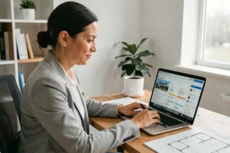 Femme gestionnaire consultant le tableau de bord de suivi de travaux sur son espace client MyCitya depuis son bureau à domicile
