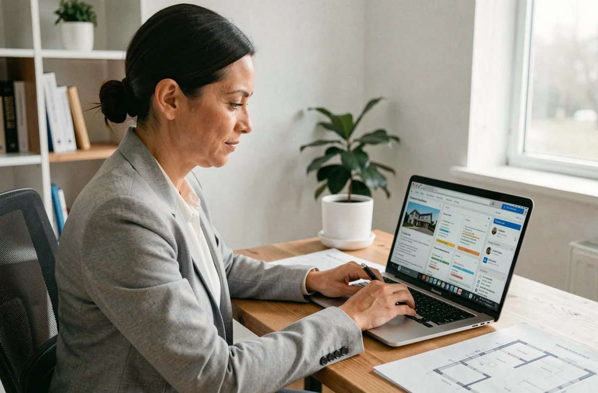 Femme gestionnaire consultant le tableau de bord de suivi de travaux sur son espace client MyCitya depuis son bureau à domicile
