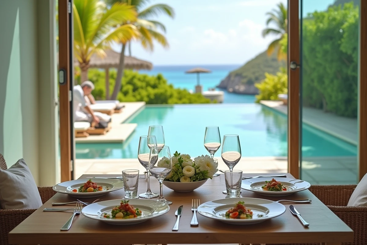 Table élégante avec plats français caribéens dans villa moderne