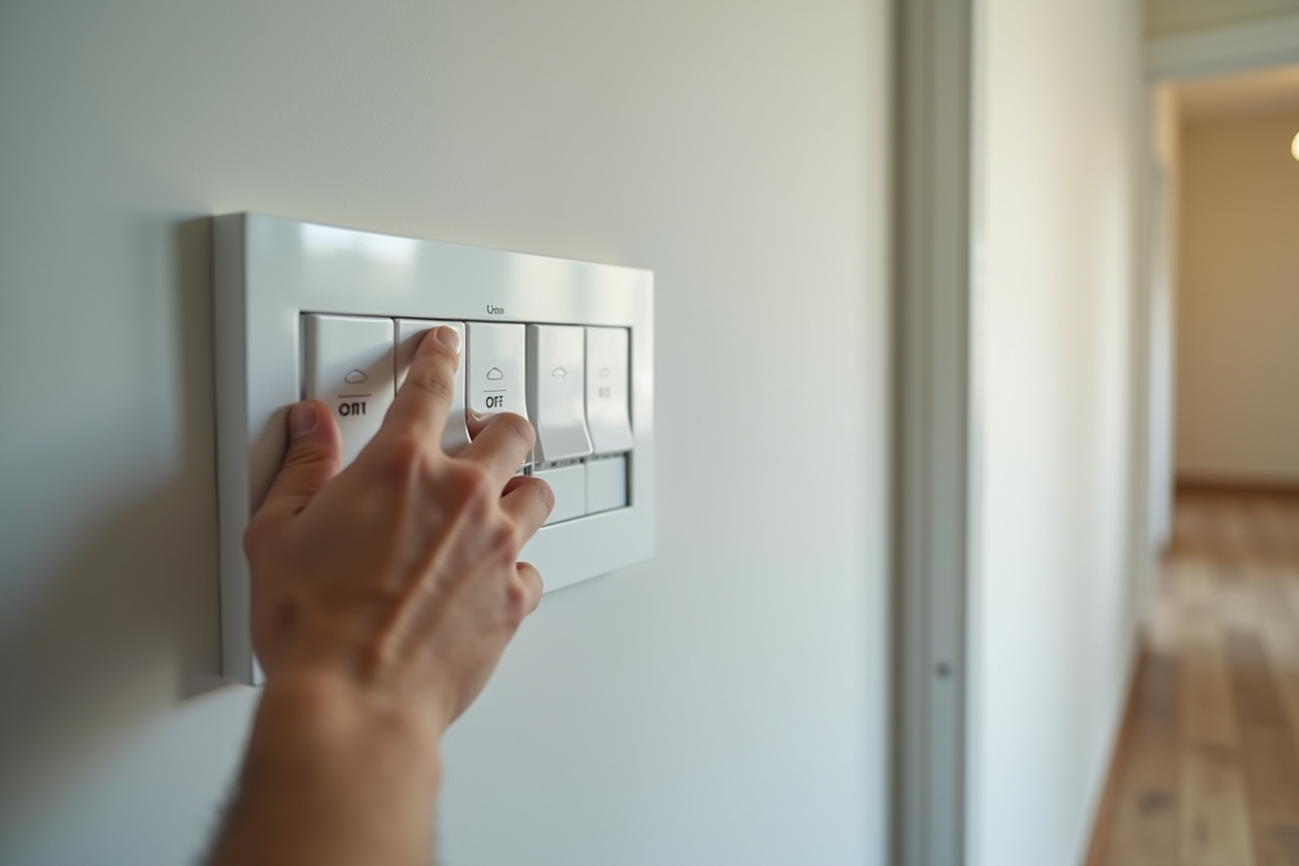Main approchant un tableau électrique moderne dans un couloir lumineux