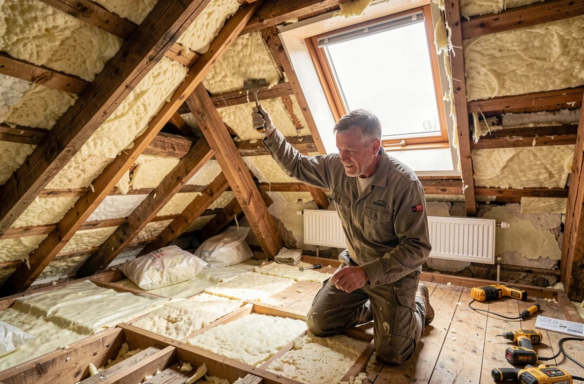 Technicien contrôlant l'isolation des combles d'une maison en rénovation