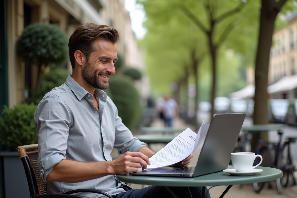 Homme actif en télétravail à la terrasse d'un café dans une rue de Maisons-Laffitte
