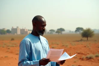 Homme sénégalais examinant des documents fonciers sur un terrain à vendre en périphérie de Dakar