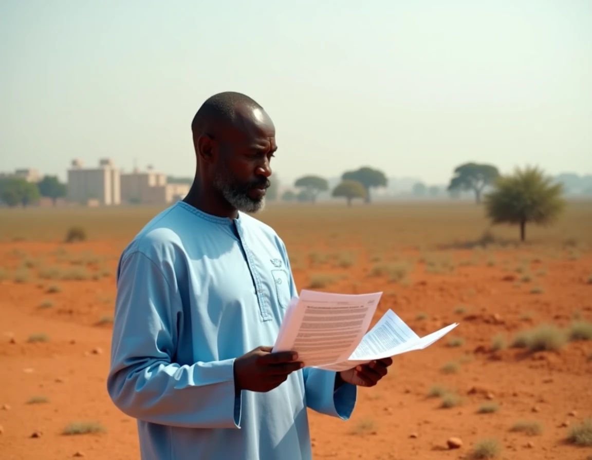 Homme sénégalais examinant des documents fonciers sur un terrain à vendre en périphérie de Dakar
