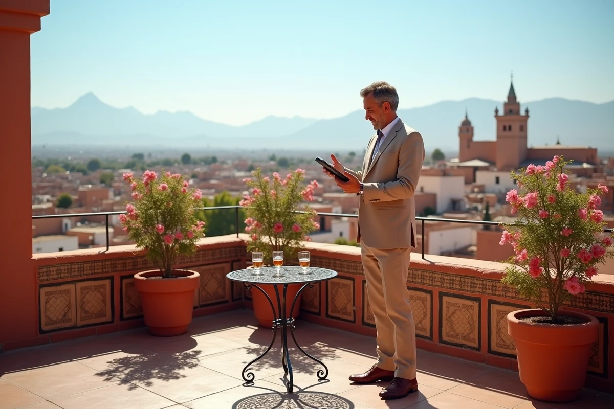 Terrasse d'un riad avec vue panoramique sur les toits de la médina de Marrakech et les montagnes de l'Atlas en arrière-plan