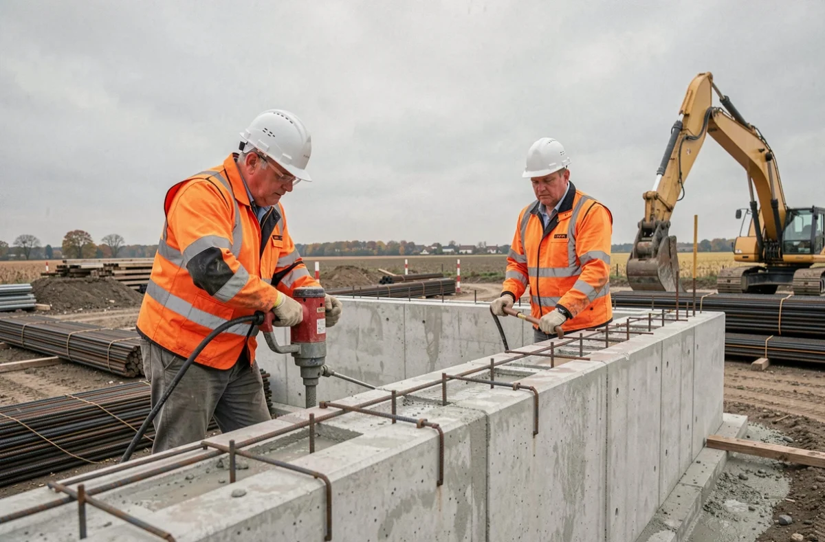 Ouvriers des Travaux Publics du Loiret travaillant sur le gros œuvre d'un bâtiment