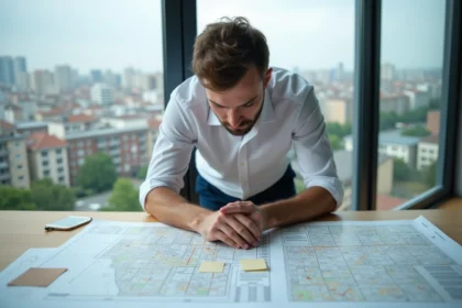 Urbaniste analysant des cartes cadastrales et documents fonciers sur un bureau dans un bureau immobilier moderne avec vue sur la ville