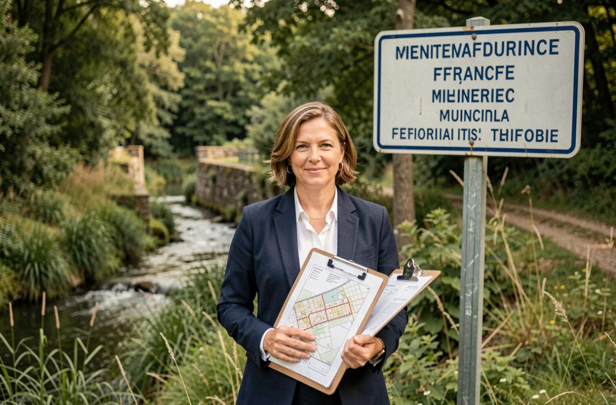 Urbaniste tenant des cartes de zonage devant un cours d'eau en zone naturelle réglementée en France