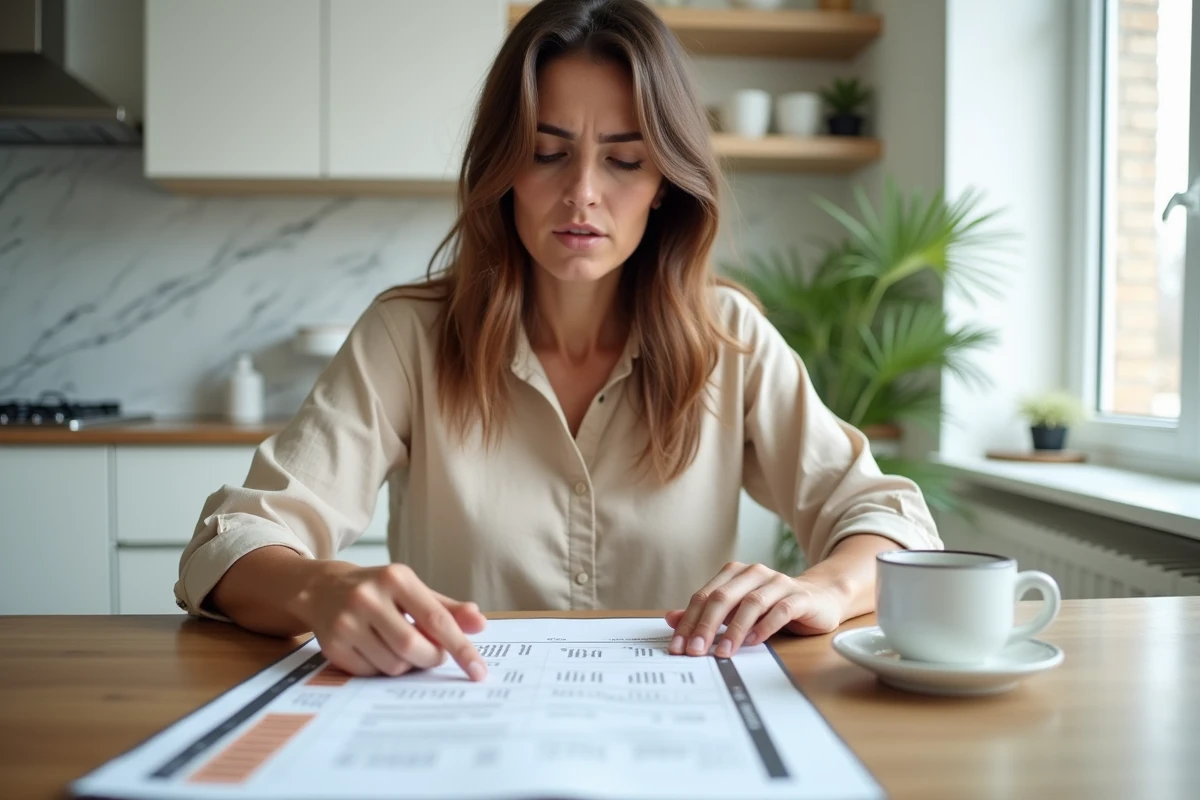 Femme vérifiant les frais d'agence sur un document de vente immobilière à la maison