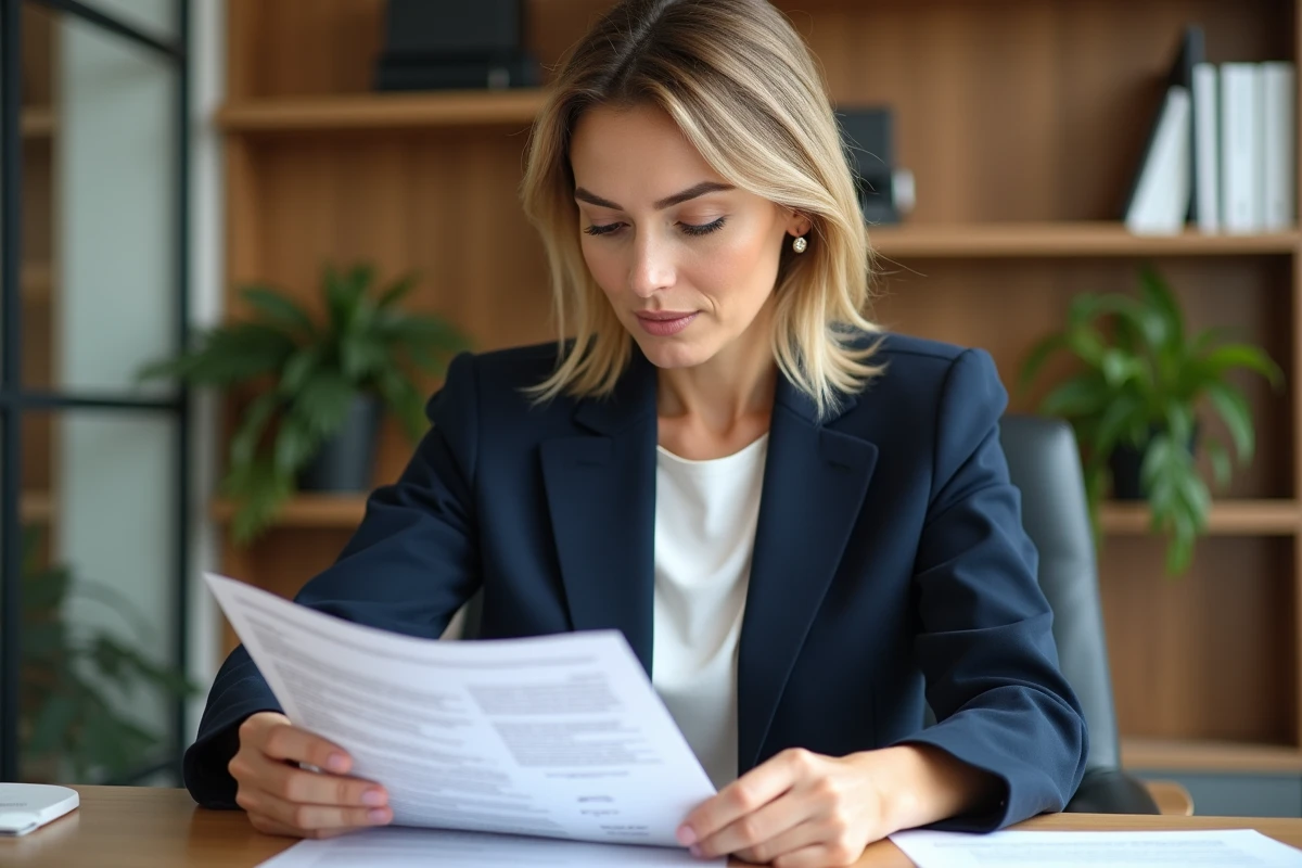 Notaire ou agent immobilier vérifiant les mentions obligatoires d'un pré-état daté dans un bureau professionnel