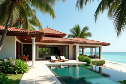Villa thaïlandaise moderne à vendre proche plage avec piscine à débordement et vue sur la mer
