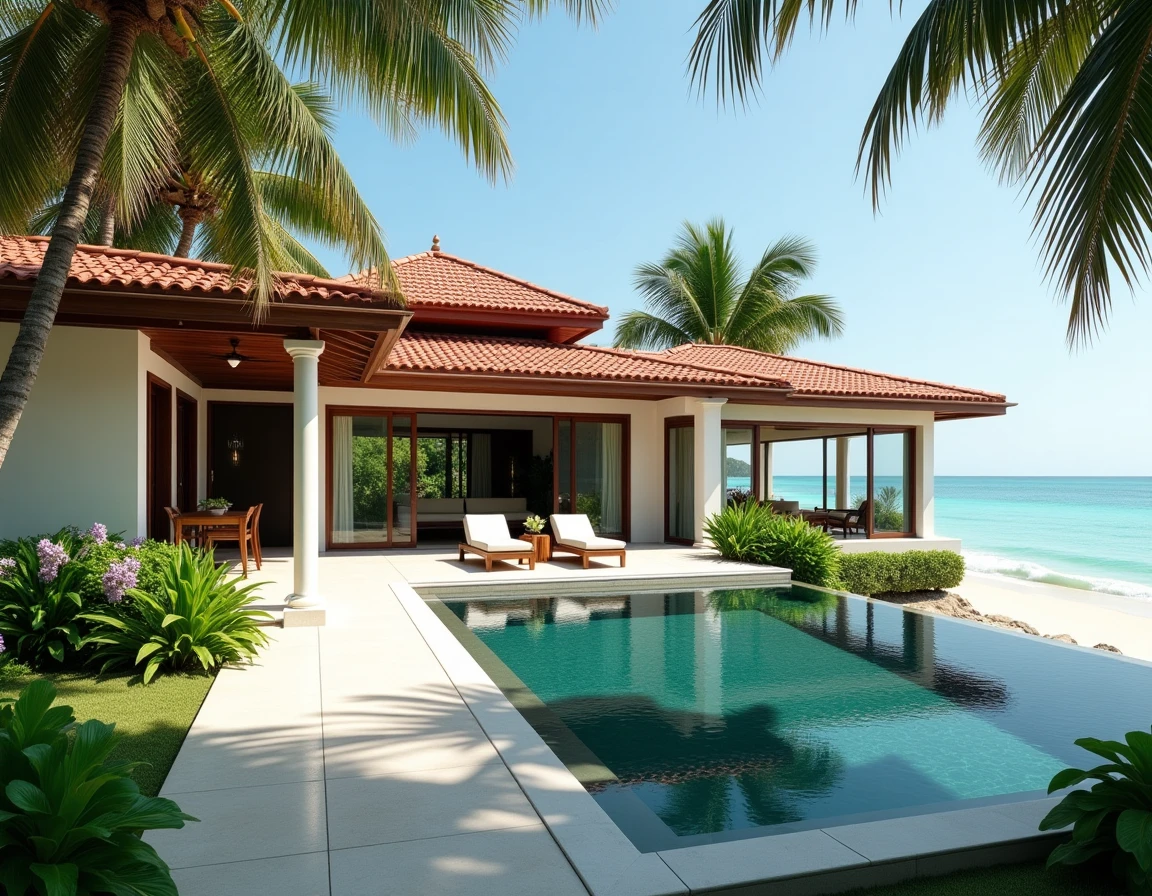 Villa thaïlandaise moderne à vendre proche plage avec piscine à débordement et vue sur la mer