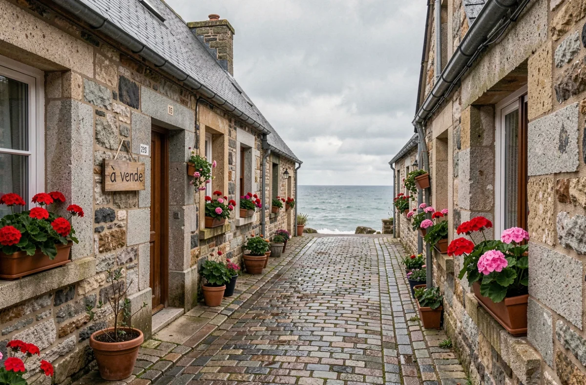 Rue pittoresque d'un village breton avec maisons de pêcheurs à vendre et panneau immobilier