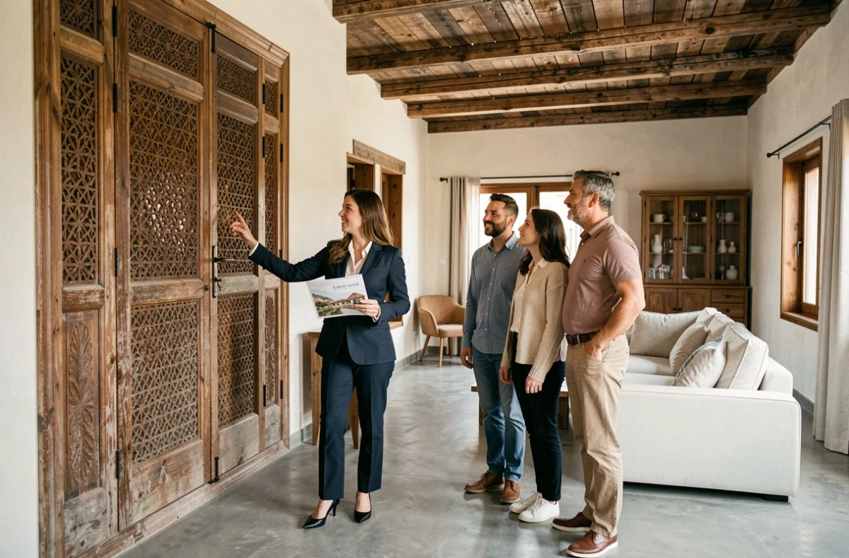Agent immobilier présentant un riad à Marrakech alliant architecture traditionnelle et design contemporain à un couple d'acheteurs potentiels