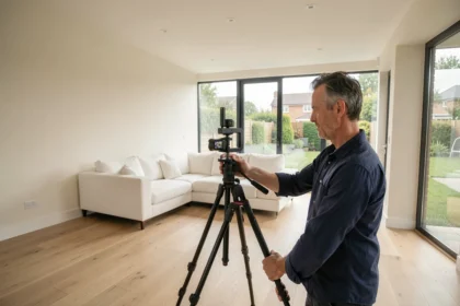 Photographe professionnel réalisant une visite virtuelle 360° dans le salon d'une maison de 100 m²